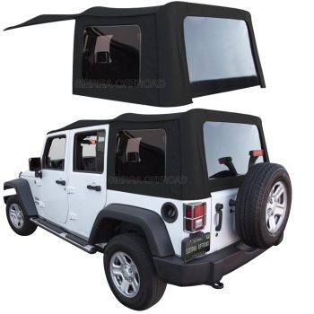 Sierra Offroad Soft Top for 2007 to 2009 Jeep Wrangler JK - Black, Twill Canvas - 4 Door Jeep Soft Top with Rear Plastic Tinted Windows - Factory Precision Fit Replacement - No Upper Door Skins