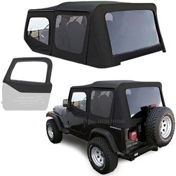 Sierra Offroad Soft Top for 1988 to 1995 Jeep Wrangler YJ - Black, Sailcloth Vinyl - 2 Door Jeep Soft Top with Rear Plastic Tinted Windows - Factory Precision Fit Replacement - With Upper Door Skins