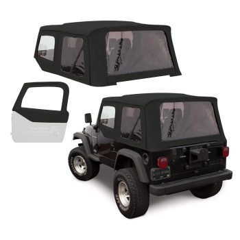 Sierra Offroad Soft Top for 1997 to 2006 Jeep Wrangler TJ - Black, Denim Vinyl - 2 Door Jeep Soft Top with Rear Plastic Tinted Windows - Factory Precision Fit Replacement - With Upper Door Skins
